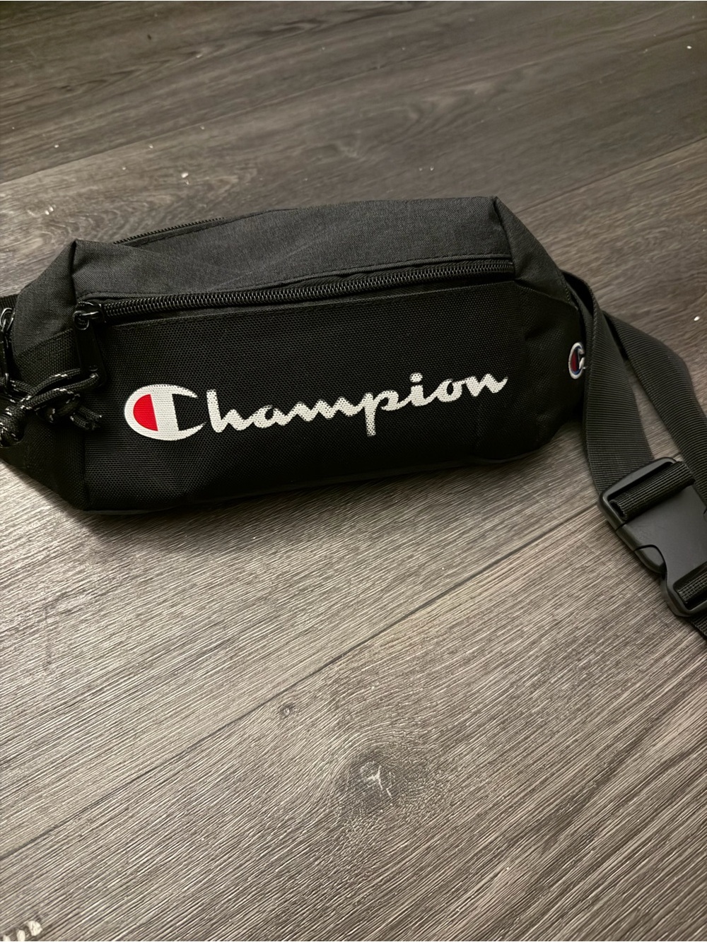 Champion Black Sling Belt Bag with White Logo and Red Accent